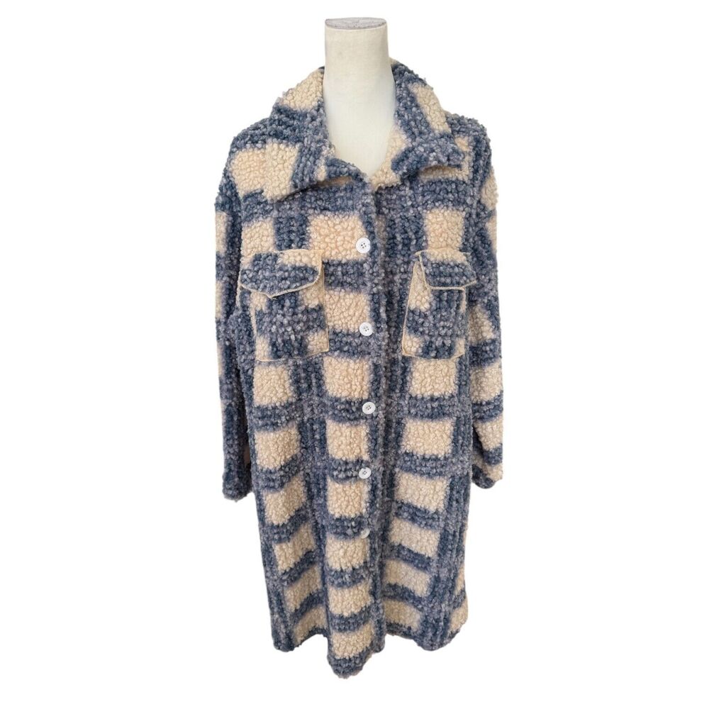 Cozy Blue‎ and Cream Plaid Sherpa Long Line Beachy Preppy Jacket Coat Sz XL